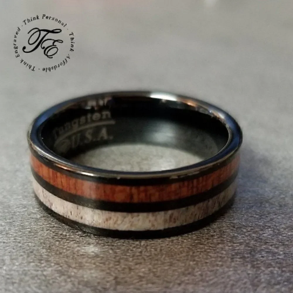 Personalized Men's Real Black Tungsten Wedding Ring - Deer bone and Koa Wood